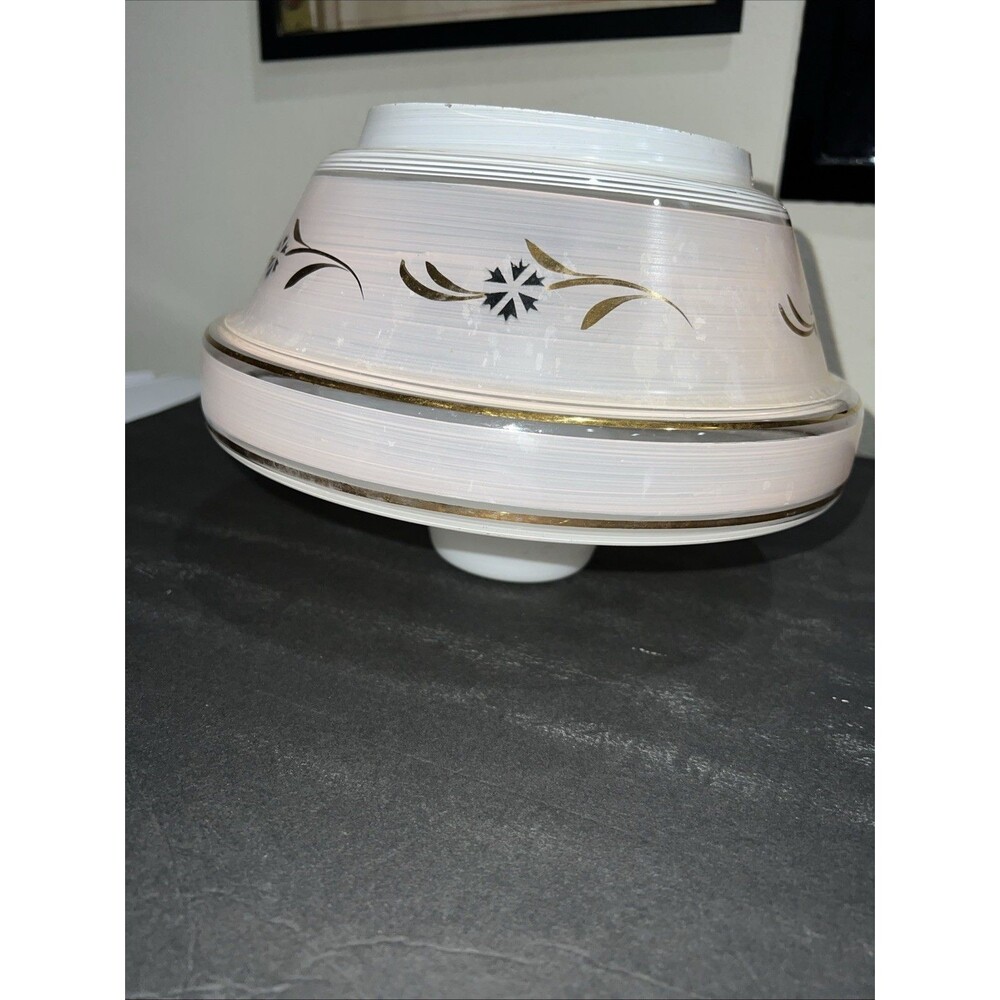 VTG Ceiling Light Glass Shade Cover Pink White Gold Stencil UFO MCM Atomic Large